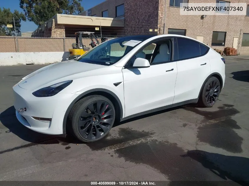 2022 Tesla Model Y Performance Dual Motor All-Wheel Drive VIN: 7SAYGDEFXNF407340 Lot: 40599089