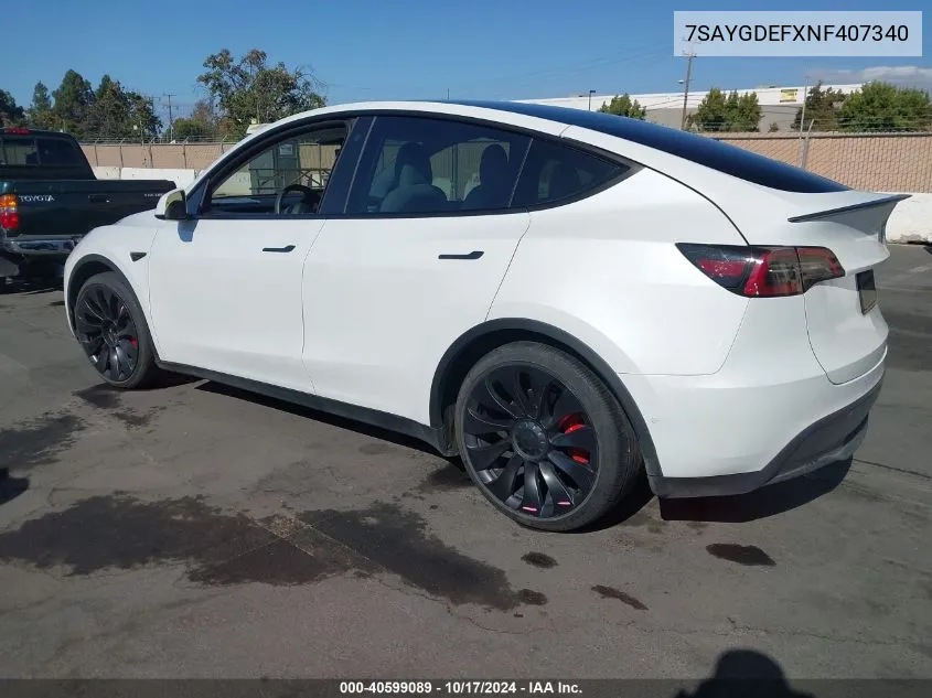 2022 Tesla Model Y Performance Dual Motor All-Wheel Drive VIN: 7SAYGDEFXNF407340 Lot: 40599089