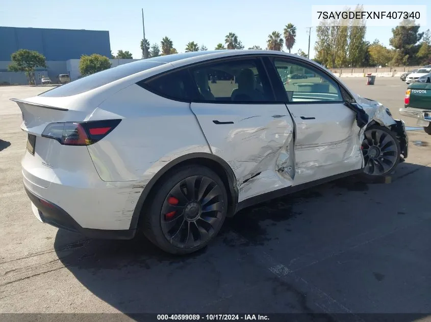 2022 Tesla Model Y Performance Dual Motor All-Wheel Drive VIN: 7SAYGDEFXNF407340 Lot: 40599089