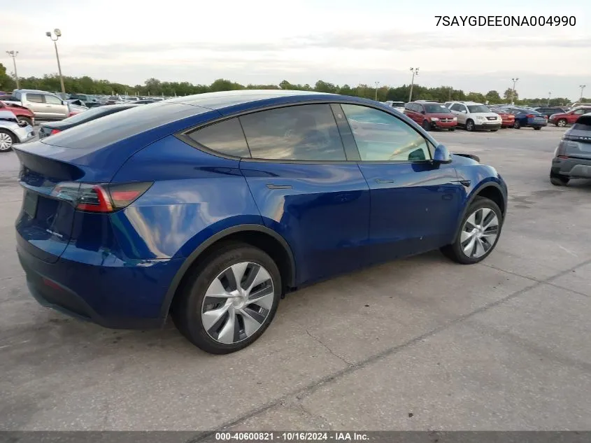 2022 Tesla Model Y Long Range Dual Motor All-Wheel Drive VIN: 7SAYGDEE0NA004990 Lot: 40600821