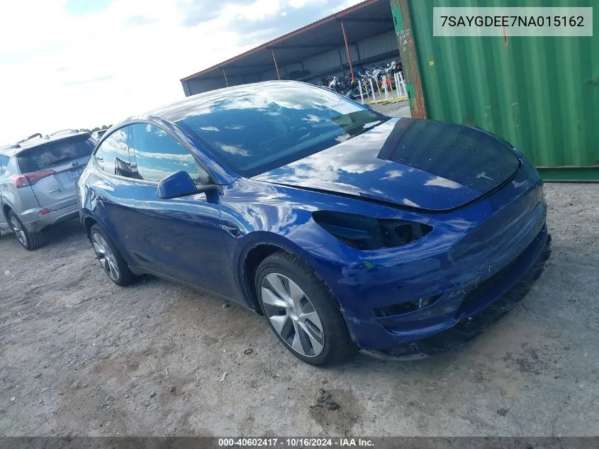 2022 Tesla Model Y Long Range Dual Motor All-Wheel Drive VIN: 7SAYGDEE7NA015162 Lot: 40602417