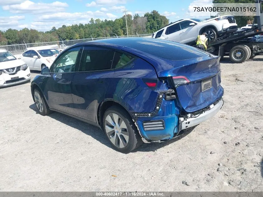 2022 Tesla Model Y Long Range Dual Motor All-Wheel Drive VIN: 7SAYGDEE7NA015162 Lot: 40602417