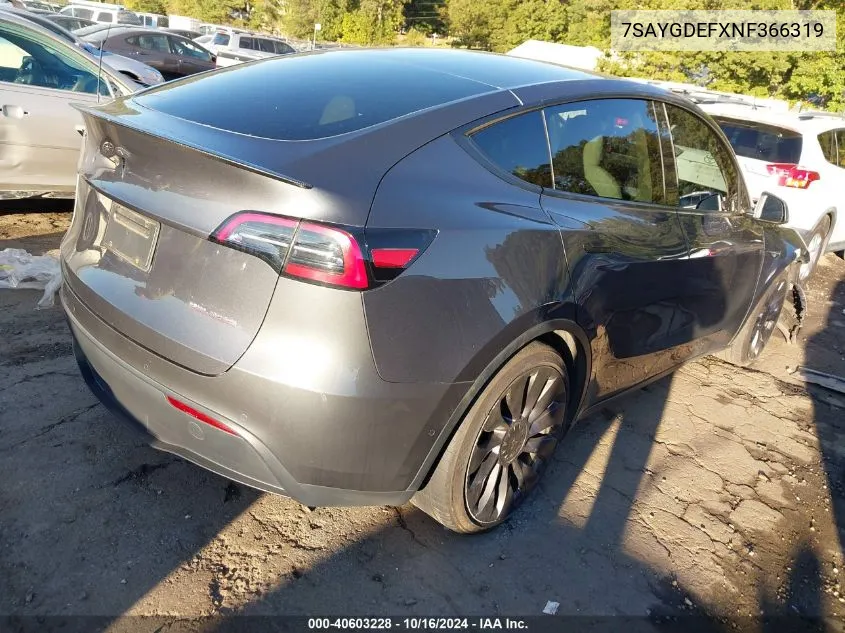 2022 Tesla Model Y Performance Dual Motor All-Wheel Drive VIN: 7SAYGDEFXNF366319 Lot: 40603228