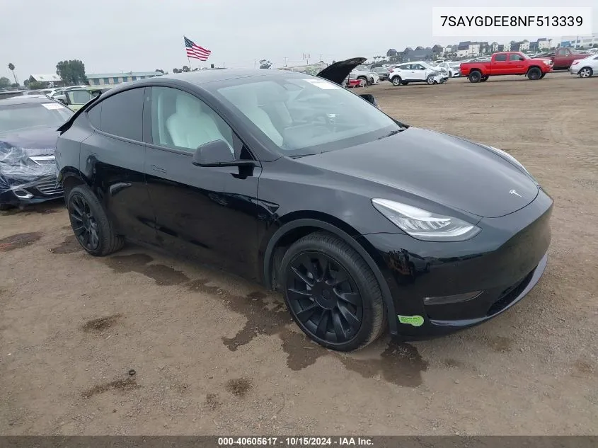 2022 Tesla Model Y Long Range Dual Motor All-Wheel Drive VIN: 7SAYGDEE8NF513339 Lot: 40605617