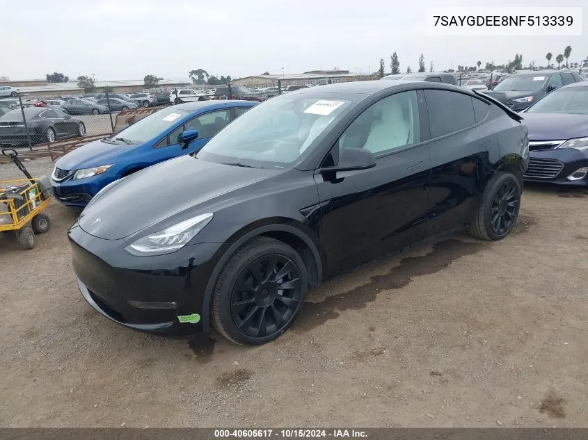 2022 Tesla Model Y Long Range Dual Motor All-Wheel Drive VIN: 7SAYGDEE8NF513339 Lot: 40605617