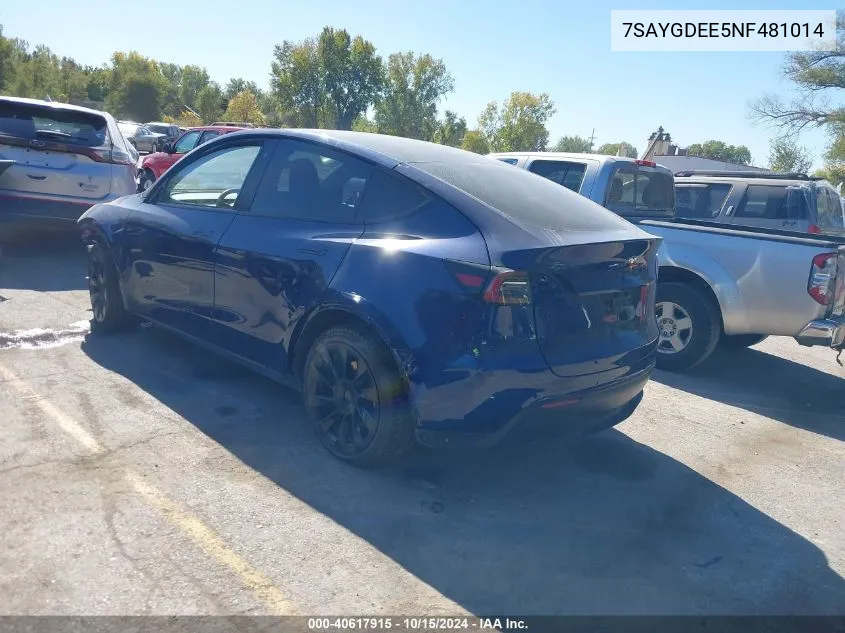 2022 Tesla Model Y Long Range Dual Motor All-Wheel Drive VIN: 7SAYGDEE5NF481014 Lot: 40617915