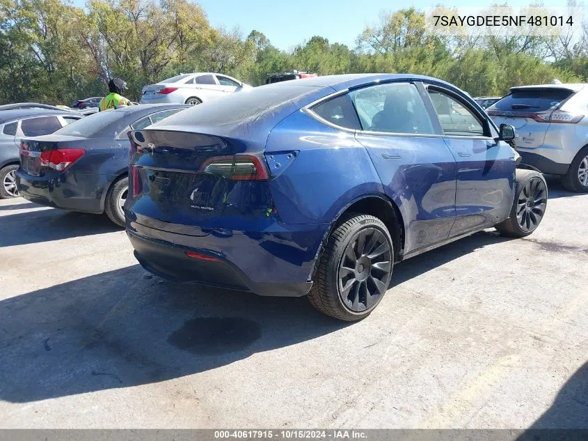 2022 Tesla Model Y Long Range Dual Motor All-Wheel Drive VIN: 7SAYGDEE5NF481014 Lot: 40617915