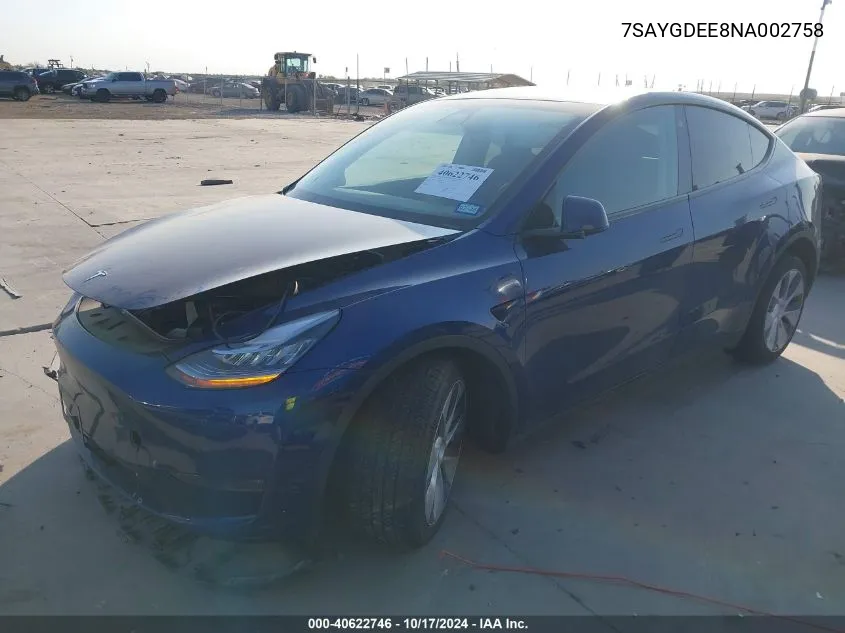 2022 Tesla Model Y VIN: 7SAYGDEE8NA002758 Lot: 40622746