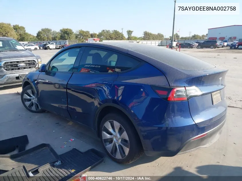 2022 Tesla Model Y VIN: 7SAYGDEE8NA002758 Lot: 40622746