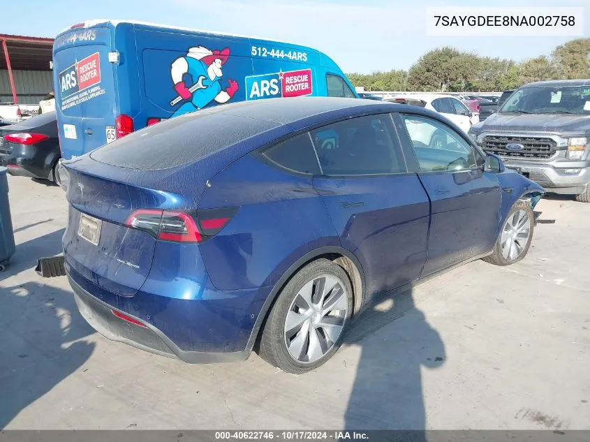 2022 Tesla Model Y VIN: 7SAYGDEE8NA002758 Lot: 40622746