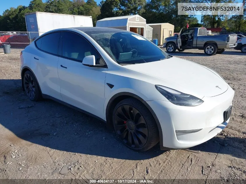 2022 Tesla Model Y Performance Dual Motor All-Wheel Drive VIN: 7SAYGDEF8NF532014 Lot: 40634137