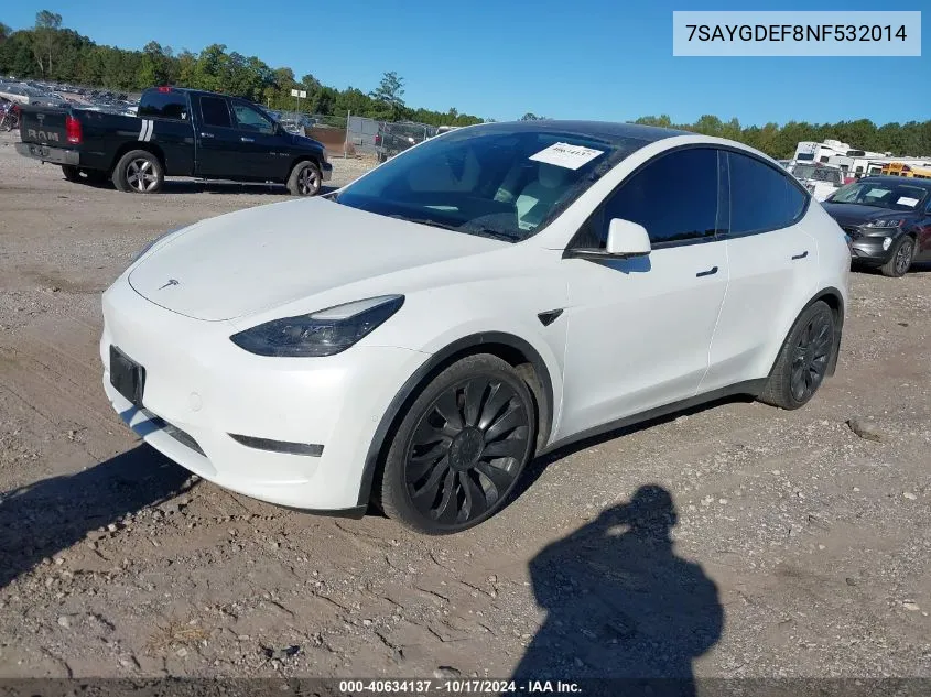 2022 Tesla Model Y Performance Dual Motor All-Wheel Drive VIN: 7SAYGDEF8NF532014 Lot: 40634137