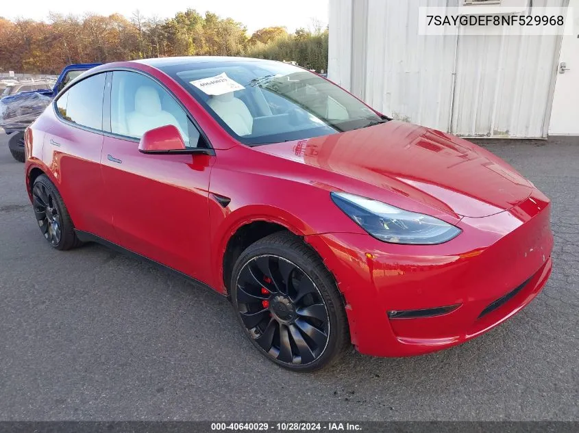 2022 Tesla Model Y Performance Dual Motor All-Wheel Drive VIN: 7SAYGDEF8NF529968 Lot: 40640029