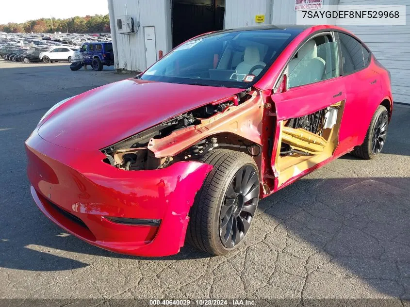 2022 Tesla Model Y Performance Dual Motor All-Wheel Drive VIN: 7SAYGDEF8NF529968 Lot: 40640029