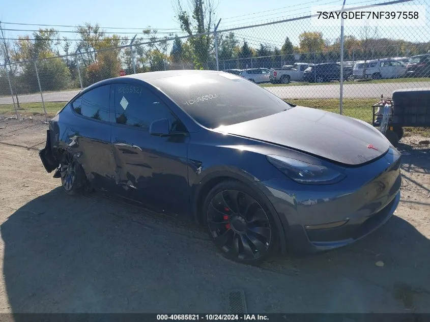 2022 Tesla Model Y Performance Dual Motor All-Wheel Drive VIN: 7SAYGDEF7NF397558 Lot: 40685821