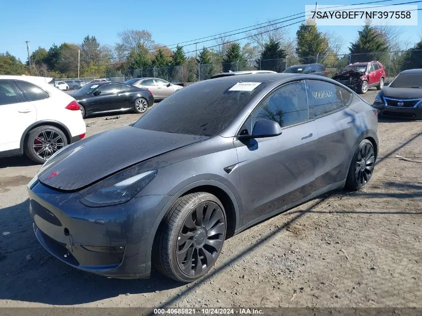 2022 Tesla Model Y Performance Dual Motor All-Wheel Drive VIN: 7SAYGDEF7NF397558 Lot: 40685821