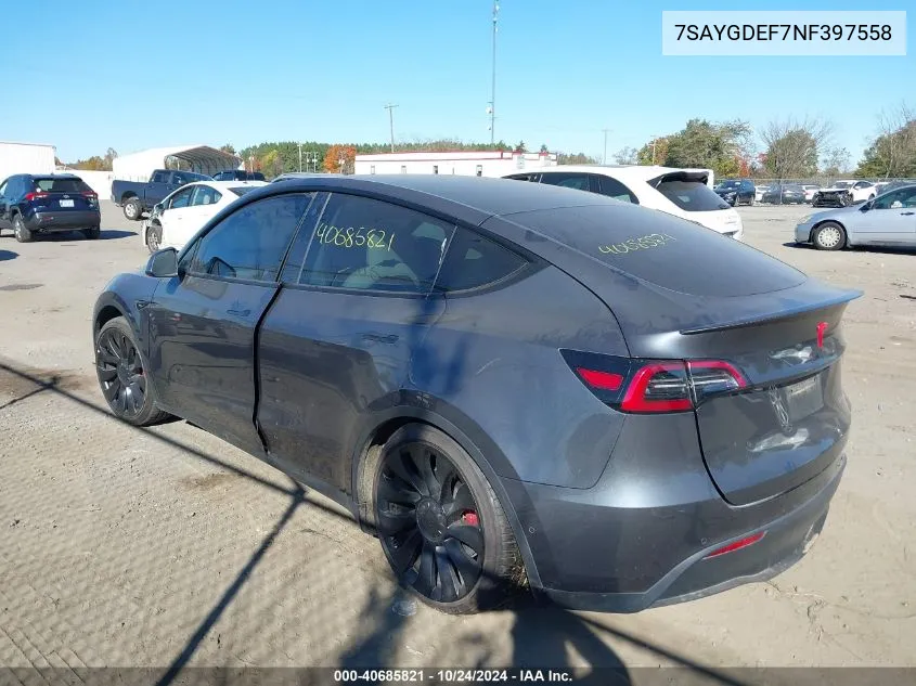 2022 Tesla Model Y Performance Dual Motor All-Wheel Drive VIN: 7SAYGDEF7NF397558 Lot: 40685821