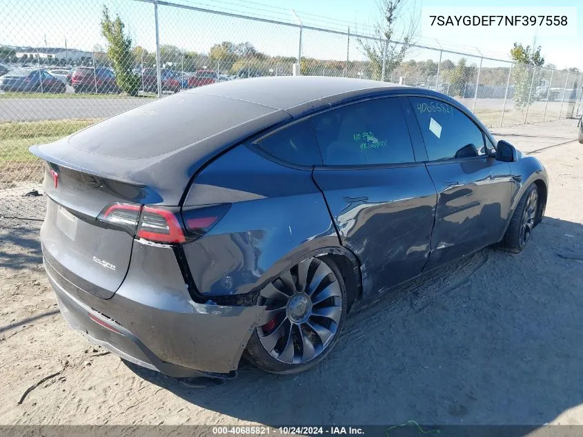 2022 Tesla Model Y Performance Dual Motor All-Wheel Drive VIN: 7SAYGDEF7NF397558 Lot: 40685821