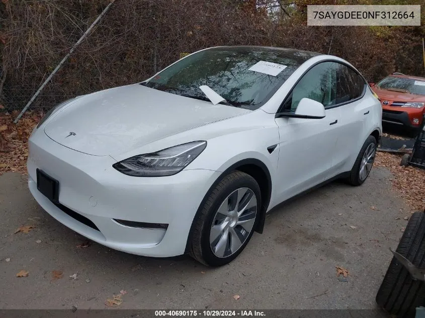 2022 Tesla Model Y Long Range Dual Motor All-Wheel Drive VIN: 7SAYGDEE0NF312664 Lot: 40690175