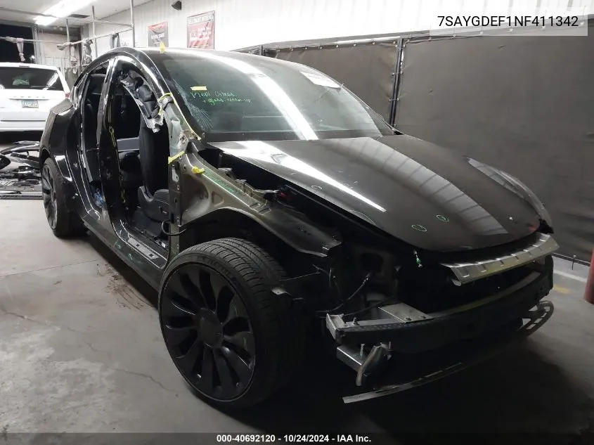 2022 Tesla Model Y Performance Dual Motor All-Wheel Drive VIN: 7SAYGDEF1NF411342 Lot: 40692120