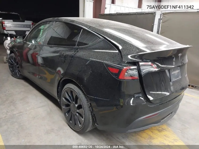 2022 Tesla Model Y Performance Dual Motor All-Wheel Drive VIN: 7SAYGDEF1NF411342 Lot: 40692120