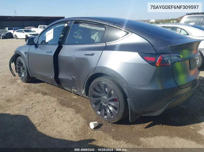 2022 Tesla Model Y Performance Dual Motor All-Wheel Drive VIN: 7SAYGDEF6NF309597 Lot: 40693243