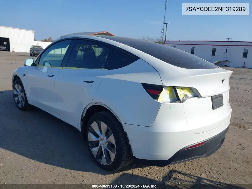 2022 Tesla Model Y Long Range Dual Motor All-Wheel Drive VIN: 7SAYGDEE2NF319289 Lot: 40699139