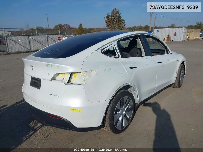 2022 Tesla Model Y Long Range Dual Motor All-Wheel Drive VIN: 7SAYGDEE2NF319289 Lot: 40699139