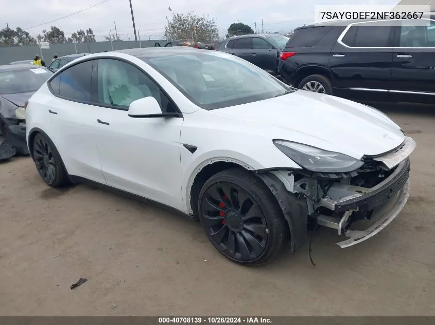 2022 Tesla Model Y Performance Dual Motor All-Wheel Drive VIN: 7SAYGDEF2NF362667 Lot: 40708139