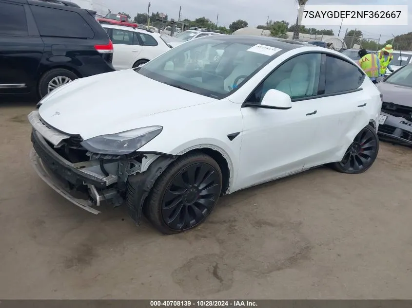 2022 Tesla Model Y Performance Dual Motor All-Wheel Drive VIN: 7SAYGDEF2NF362667 Lot: 40708139