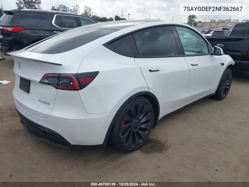 2022 Tesla Model Y Performance Dual Motor All-Wheel Drive VIN: 7SAYGDEF2NF362667 Lot: 40708139