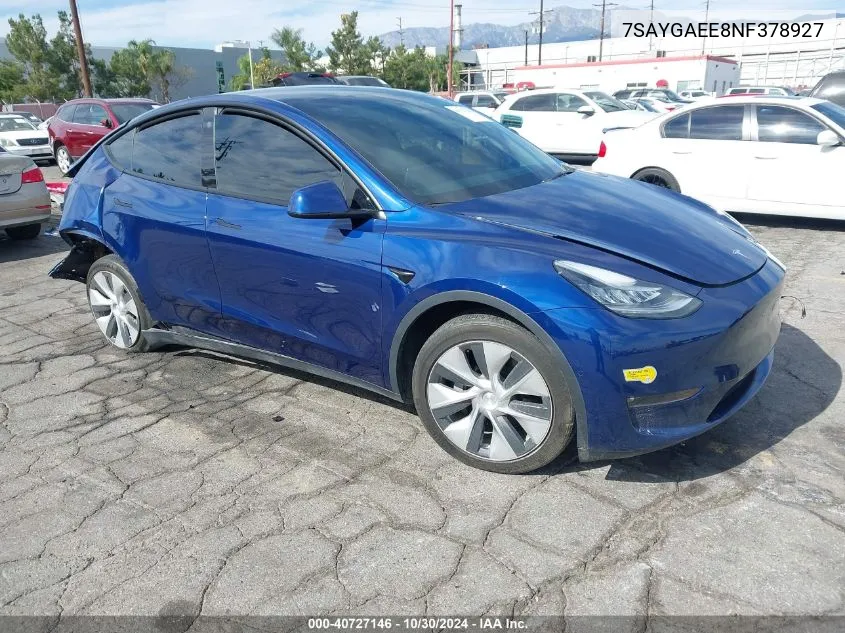 2022 Tesla Model Y Long Range Dual Motor All-Wheel Drive VIN: 7SAYGAEE8NF378927 Lot: 40727146