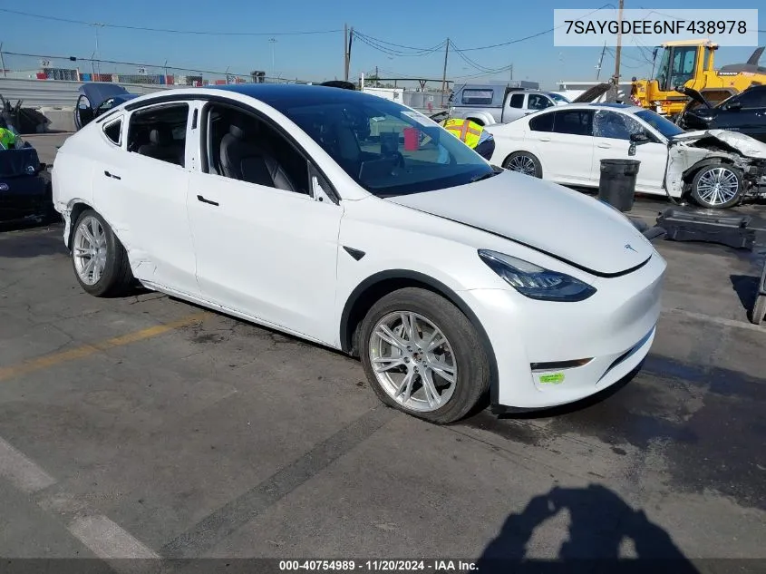 2022 Tesla Model Y Long Range Dual Motor All-Wheel Drive VIN: 7SAYGDEE6NF438978 Lot: 40754989