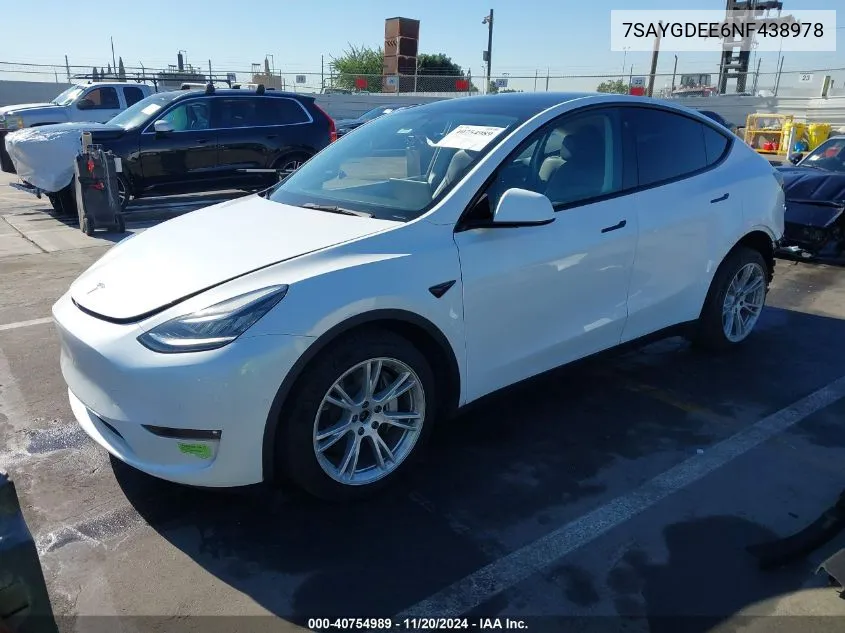 2022 Tesla Model Y Long Range Dual Motor All-Wheel Drive VIN: 7SAYGDEE6NF438978 Lot: 40754989