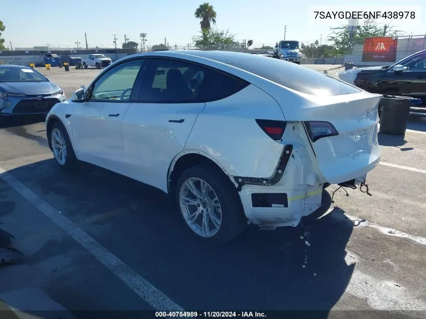 2022 Tesla Model Y Long Range Dual Motor All-Wheel Drive VIN: 7SAYGDEE6NF438978 Lot: 40754989