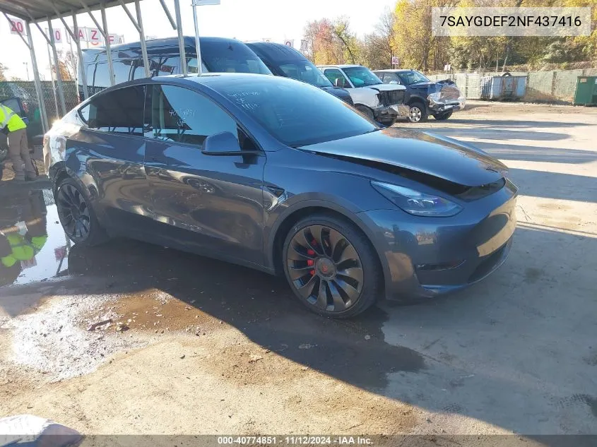 2022 Tesla Model Y Performance Dual Motor All-Wheel Drive VIN: 7SAYGDEF2NF437416 Lot: 40774851