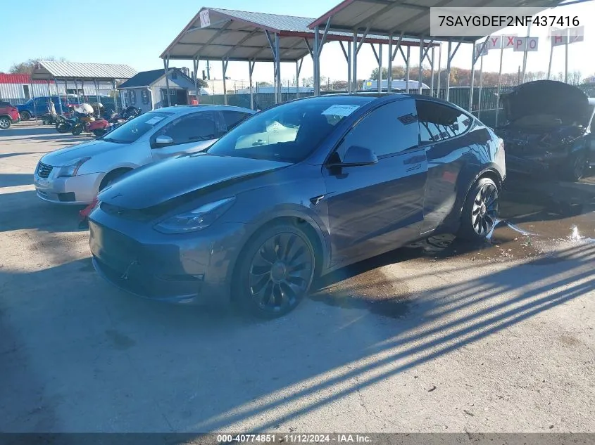 2022 Tesla Model Y Performance Dual Motor All-Wheel Drive VIN: 7SAYGDEF2NF437416 Lot: 40774851