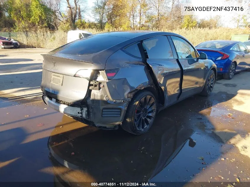 2022 Tesla Model Y Performance Dual Motor All-Wheel Drive VIN: 7SAYGDEF2NF437416 Lot: 40774851