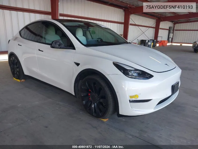 2022 Tesla Model Y Performance Dual Motor All-Wheel Drive VIN: 7SAYGDEF5NF410193 Lot: 40801872