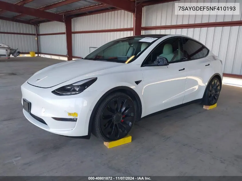 2022 Tesla Model Y Performance Dual Motor All-Wheel Drive VIN: 7SAYGDEF5NF410193 Lot: 40801872