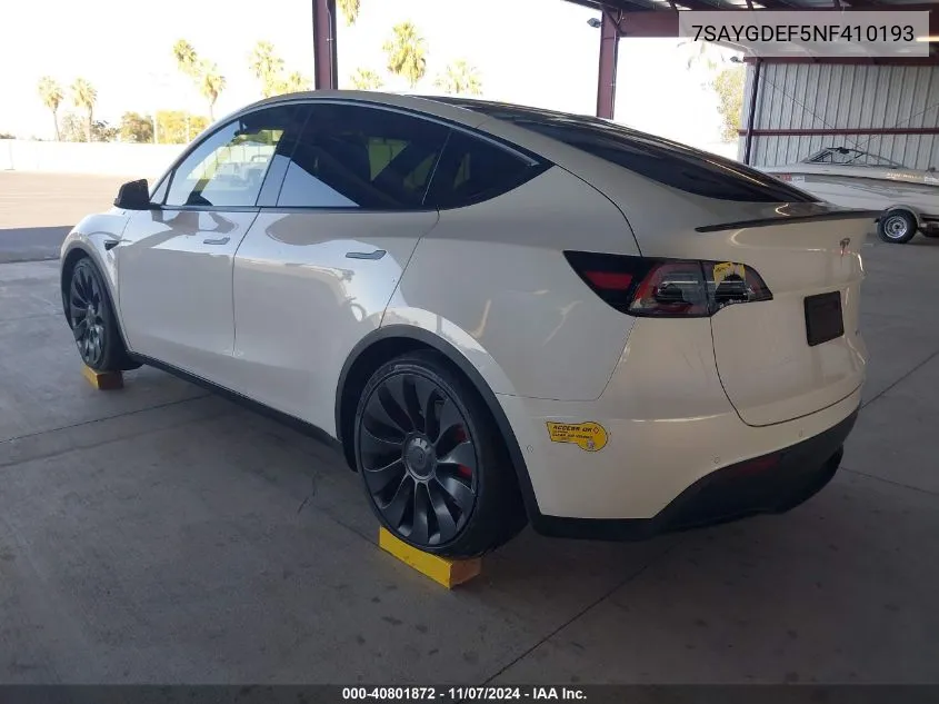 2022 Tesla Model Y Performance Dual Motor All-Wheel Drive VIN: 7SAYGDEF5NF410193 Lot: 40801872