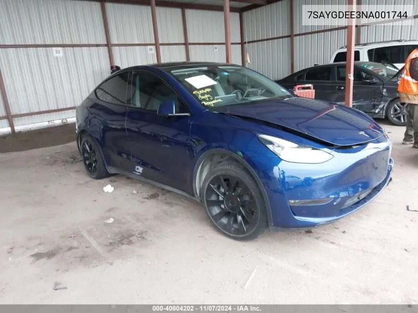 2022 Tesla Model Y Long Range Dual Motor All-Wheel Drive VIN: 7SAYGDEE3NA001744 Lot: 40804202