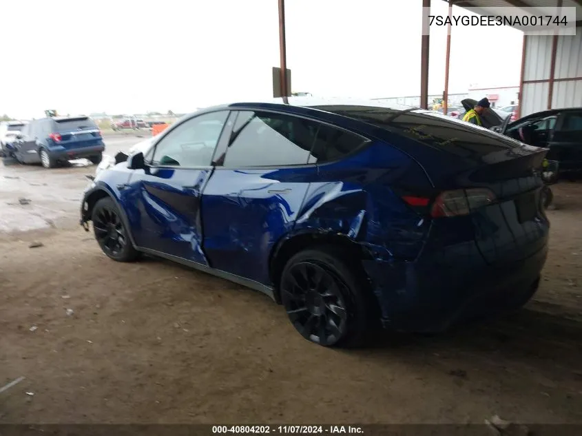 2022 Tesla Model Y Long Range Dual Motor All-Wheel Drive VIN: 7SAYGDEE3NA001744 Lot: 40804202