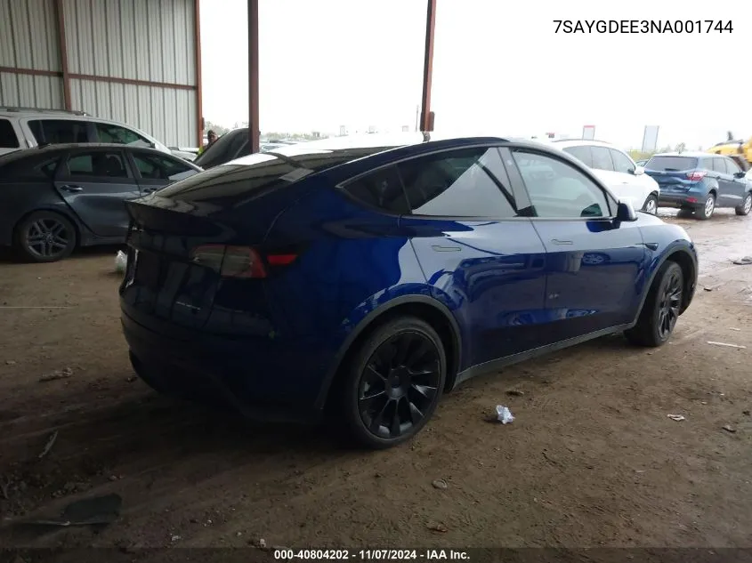 2022 Tesla Model Y Long Range Dual Motor All-Wheel Drive VIN: 7SAYGDEE3NA001744 Lot: 40804202