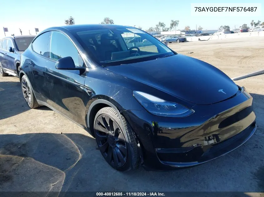 2022 Tesla Model Y Performance Dual Motor All-Wheel Drive VIN: 7SAYGDEF7NF576487 Lot: 40812685