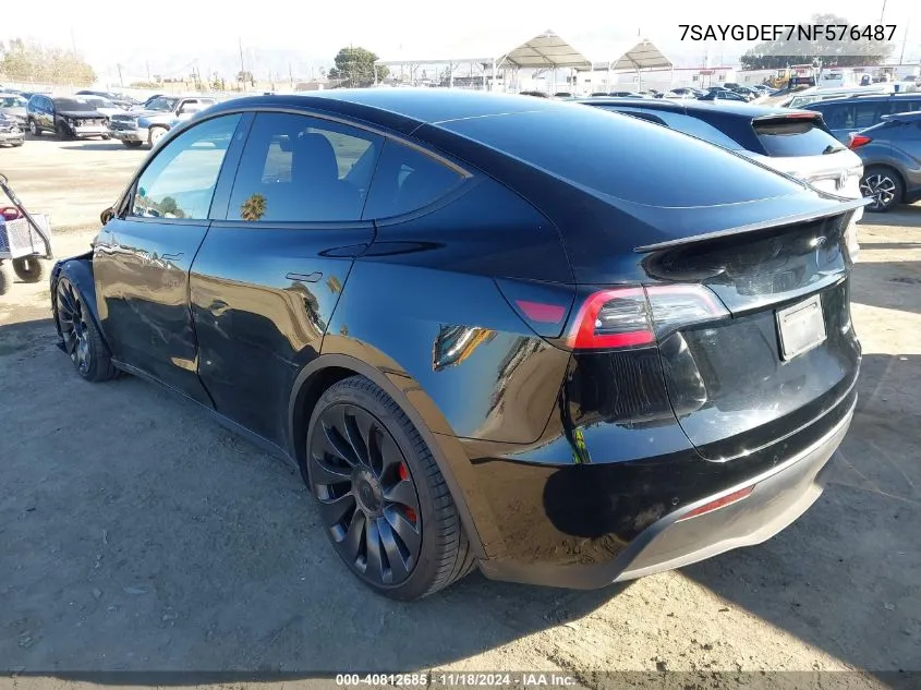 2022 Tesla Model Y Performance Dual Motor All-Wheel Drive VIN: 7SAYGDEF7NF576487 Lot: 40812685