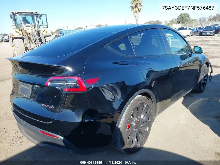 2022 Tesla Model Y Performance Dual Motor All-Wheel Drive VIN: 7SAYGDEF7NF576487 Lot: 40812685