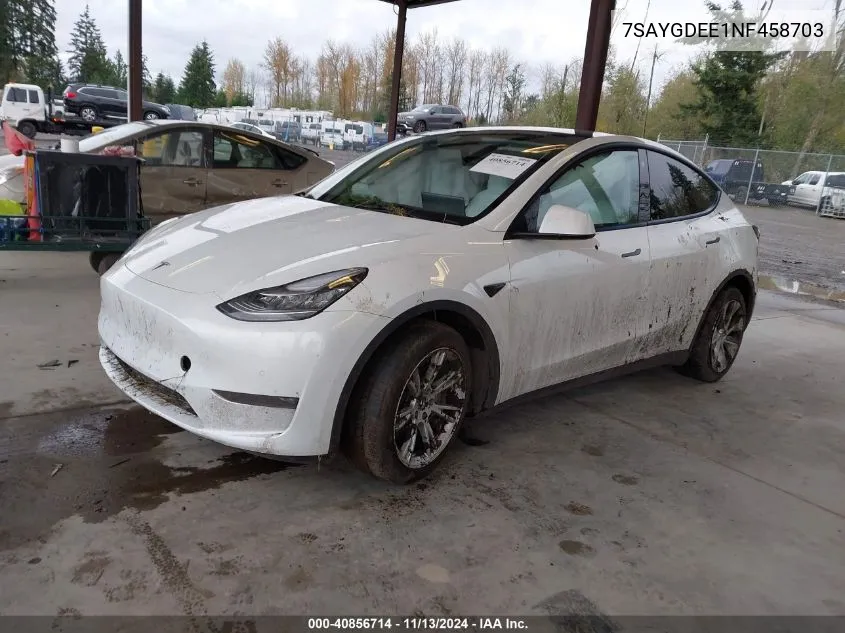 2022 Tesla Model Y Long Range Dual Motor All-Wheel Drive VIN: 7SAYGDEE1NF458703 Lot: 40856714