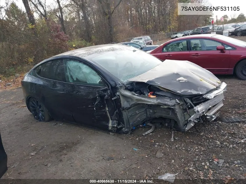 2022 Tesla Model Y Performance Dual Motor All-Wheel Drive VIN: 7SAYGDEF6NF531105 Lot: 40865630