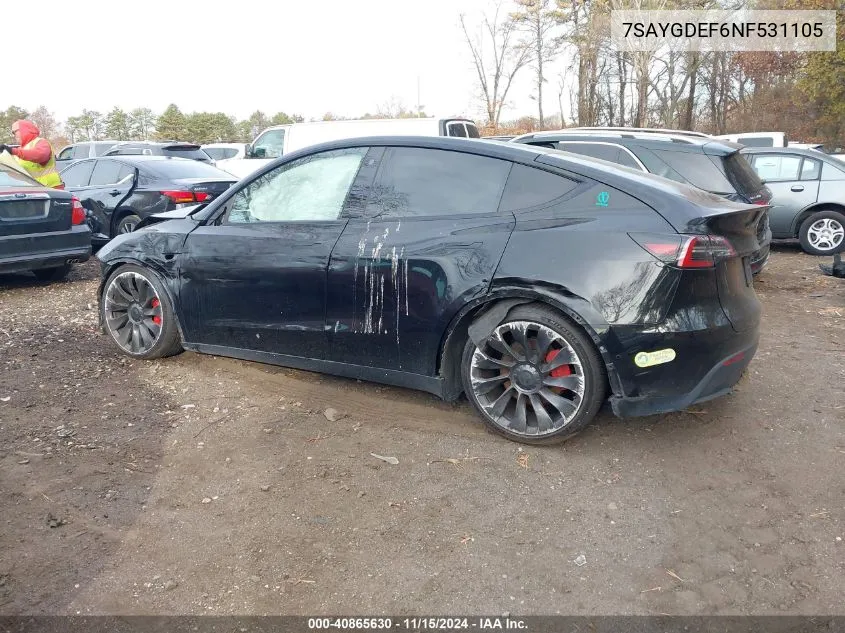 2022 Tesla Model Y Performance Dual Motor All-Wheel Drive VIN: 7SAYGDEF6NF531105 Lot: 40865630